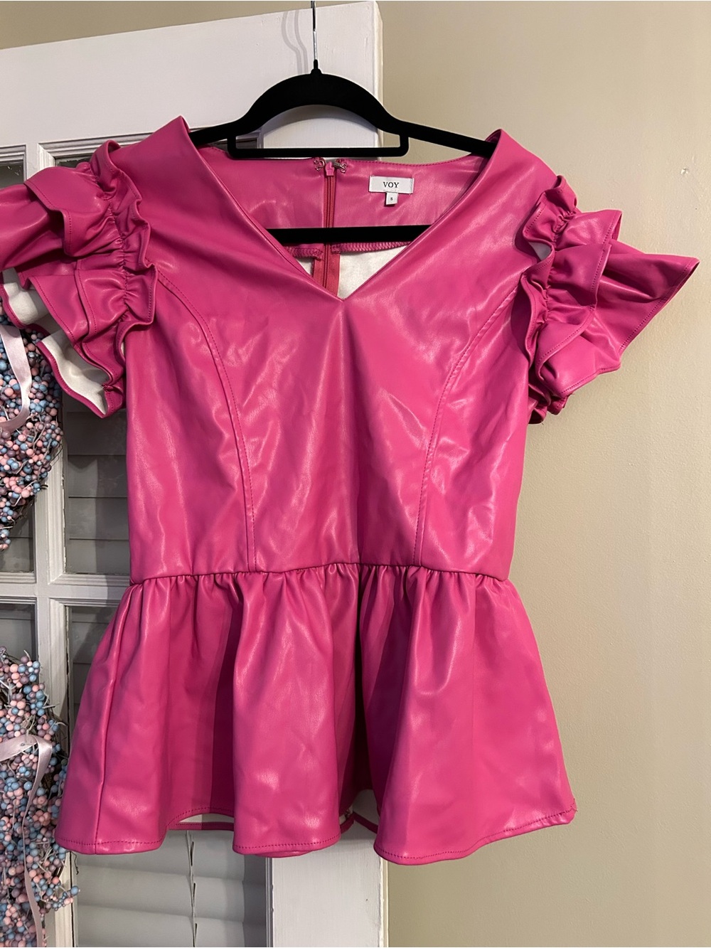VOY Hot Pink Faux-Leather Peplum Tunic with Ruffle Sleeves